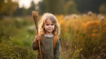 young girl with broom in autumn field photo