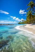 Tropical beach paradise with palm trees and crystal clear waters photo