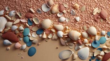 Assortment of colorful seashells and pebbles on sandy background photo