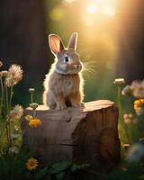 Cute rabbit sitting on a tree stump in a field of flowers photo