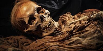 Mummified human remains in a dark, eerie setting photo