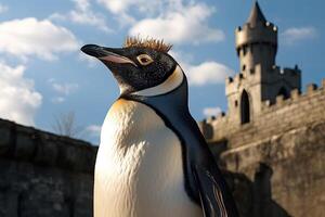 Penguin in front of castle photo