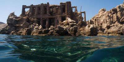 Ruins of an ancient building in a desert landscape with clear blue water in the foreground photo