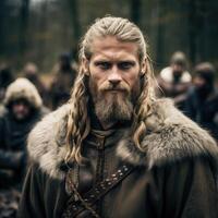 Rugged viking warrior with long blonde hair and beard photo