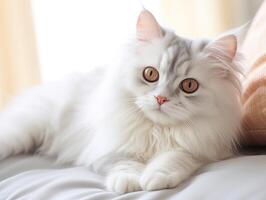 Adorable fluffy white cat with big brown eyes photo