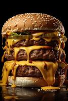 Delicious cheeseburger with melted cheese and sesame seed bun photo