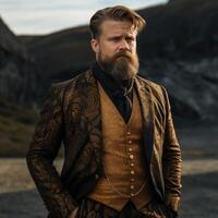 Dashing gentleman in ornate attire stands in rugged landscape photo