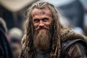 Rugged bearded man with intense expression photo