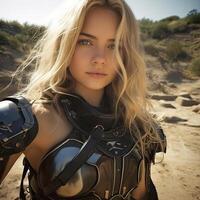 Adventurous woman in desert landscape photo