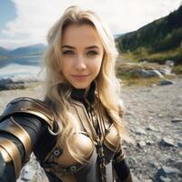 Adventurous woman in protective gear exploring nature photo