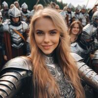 Smiling woman in medieval armor with soldiers in background photo