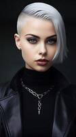 Dramatic portrait of a woman with striking silver hair and bold makeup photo