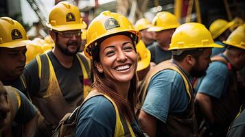 smiling construction worker in hard hat photo