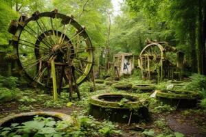 Abandoned water wheels in lush green forest photo