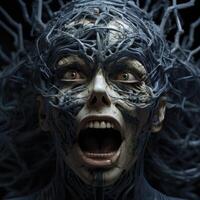 Creepy monster face with tangled web like structures photo