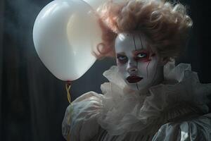 Creepy clown with white balloon in dark setting photo
