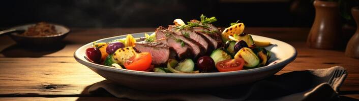 Grilled steak salad with fresh vegetables photo