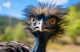Closeup of a curious emu with vibrant feathers and large eyes photo