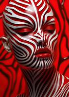 Striking abstract face with bold red and white stripes photo