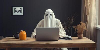 ghostly figure working on laptop in dark room photo