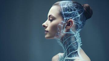 Conceptual portrait of a woman with a transparent digital brain photo