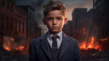 Serious young boy in formal wear standing in front of a burning city photo