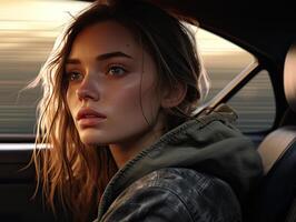 pensive woman in car at sunset photo