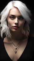 Dramatic portrait of a woman with striking white hair photo