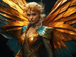 Powerful mythical creature with golden wings and armor photo