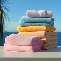 Colorful towels stacked on a table with ocean view photo