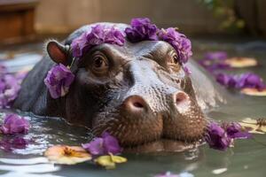 Adorable hippo relaxing in a floral bath photo