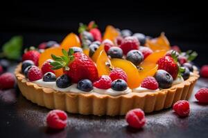 Delicious fruit tart with fresh berries and citrus slices photo