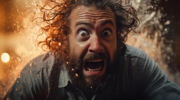 Surprised man with curly beard and wild expression in snowy environment photo