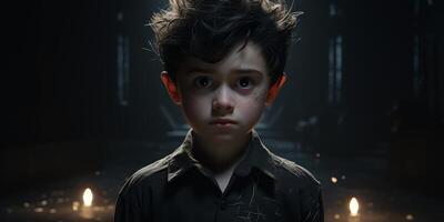 Mysterious young boy with serious expression in dark setting photo