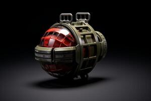 Futuristic grenade shaped device with red and silver accents photo
