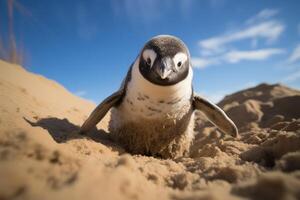 Curious penguin on sandy beach photo