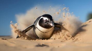Penguin emerging from sand photo
