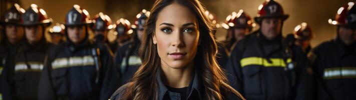 female firefighter in uniform standing in front of group photo