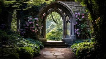enchanting gothic archway in lush garden photo