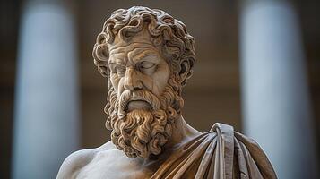 ancient greek statue of philosopher with curly hair and beard photo
