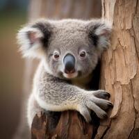Curious koala peeking out from tree trunk photo