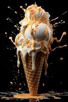Melting ice cream cone with splashing cream photo