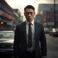 Serious businessman in suit standing on city street photo