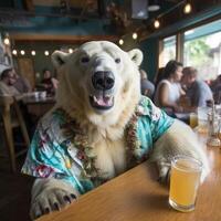 polar bear in tropical shirt enjoying drink at bar photo