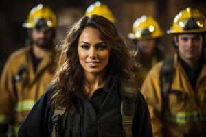 female firefighter in uniform with team photo
