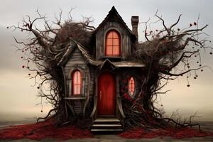 Haunted house with red windows and overgrown branches photo