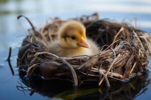 Cute baby duck in a nest photo
