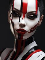 striking face makeup with bold black and red design photo