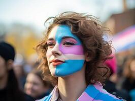 Colorful face paint and curly hair of a person at a festival photo