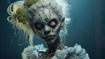 Creepy zombie face with moss and flowers photo